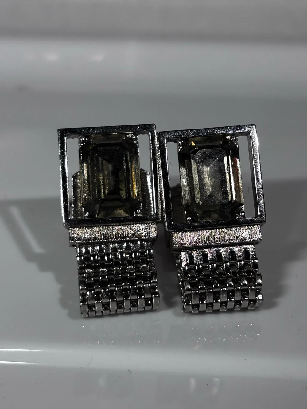 Vintage Swank mesh wrap cufflinks smoky quartz silver tone Retro Mid Century 70s